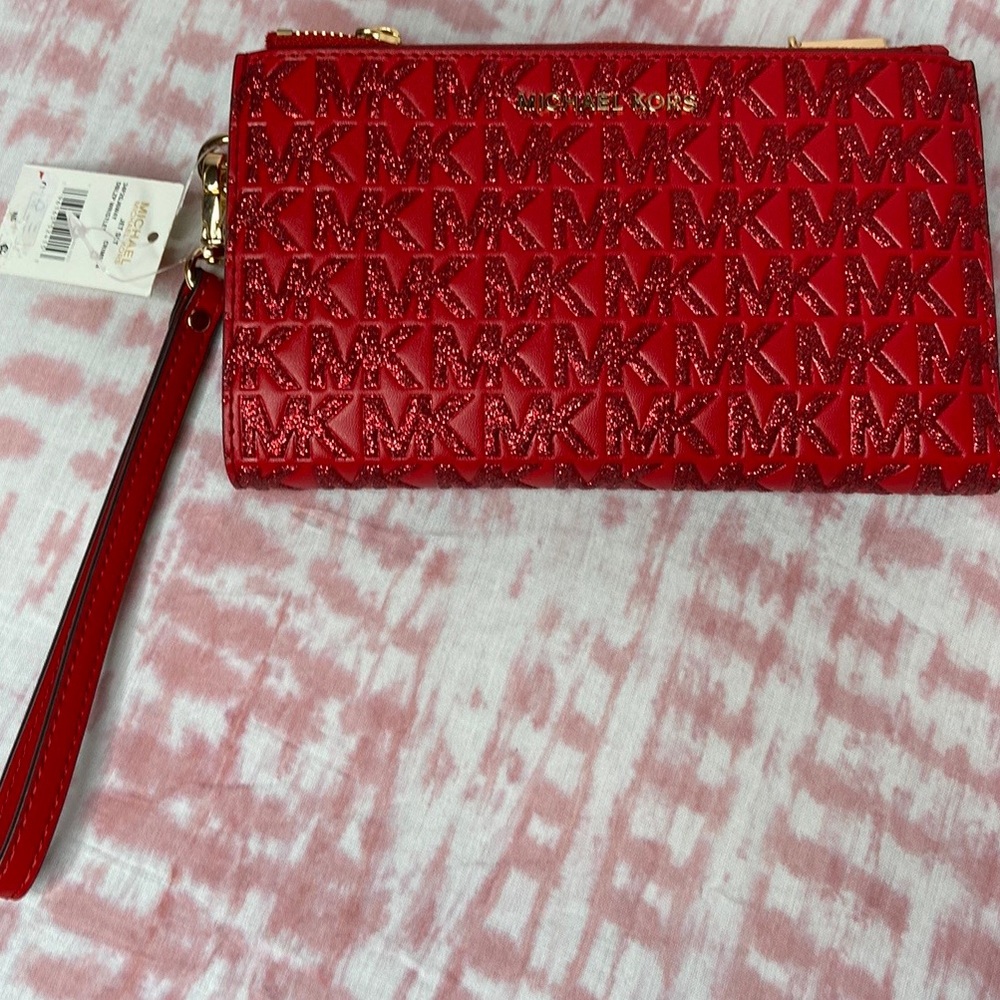 NWT MSRP$198 Michael Kors Jet Set Crimson Glitter Logo Double Zip Wristlet Gift - Picture 2 of 7